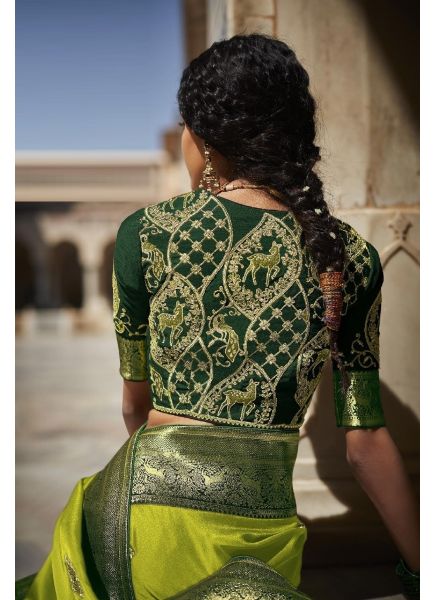 Lemon Green Silk Weaving Wedding-Wear Embroidered Saree