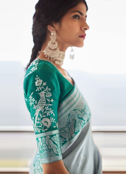 Light Gray Silk Weaving Wedding-Wear Embroidered Saree
