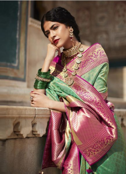 Mint Green Silk Weaving Wedding-Wear Embroidered Saree