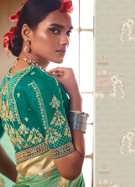 Mint Green Pure Banarasi HandWork Wedding Wear Embroidery Saree