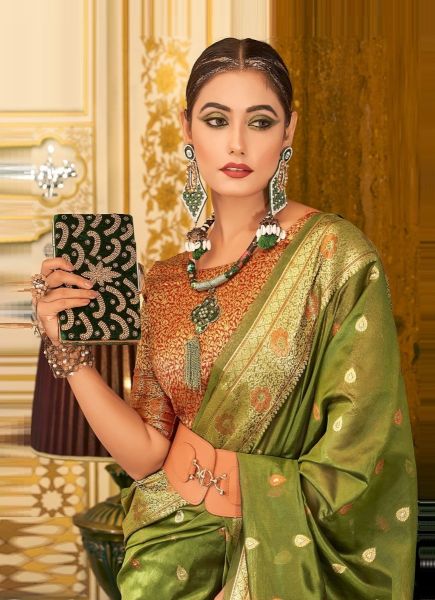 Olive Green Organza Weaving Jari Silk Saree For Traditional / Religious Occasions