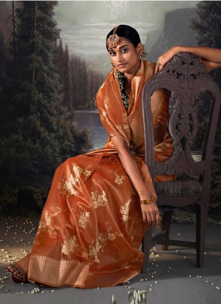 Orange Organza Silk Weaving Party-Wear Jacquard Saree