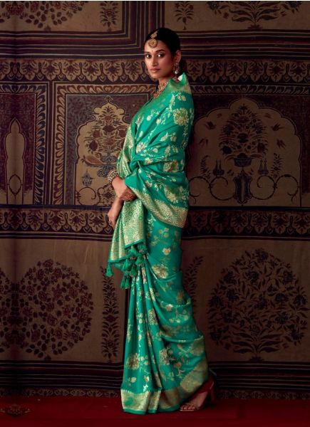 Aqua Green Kanjivaram Woven Silk Party-Wear Saree