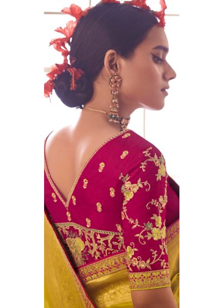Dark Lemon Pure Banarasi HandWork Wedding Wear Embroidery Saree