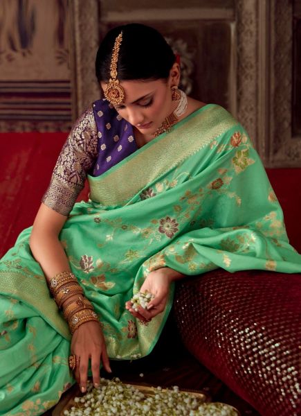 Mint Green Kanjivaram Woven Silk Party-Wear Saree