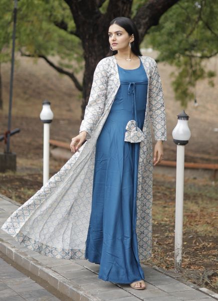 Sea Blue Rayon Crochet-Work Resort-Wear Readymade Gown With Shrug