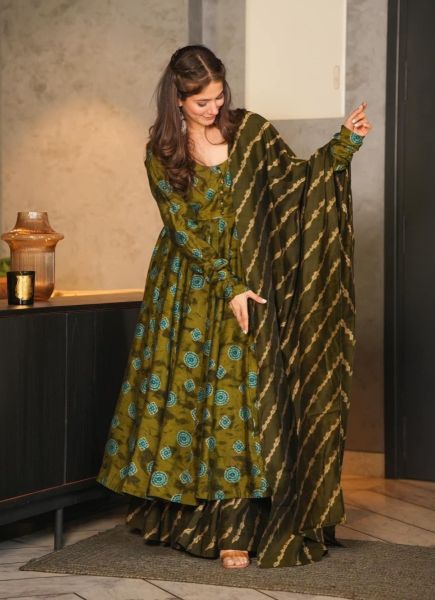 Olive Green Muslin Sequins-Work Readymade Palazzo-Bottom Salwar Kameez For Traditional / Religious Occasions
