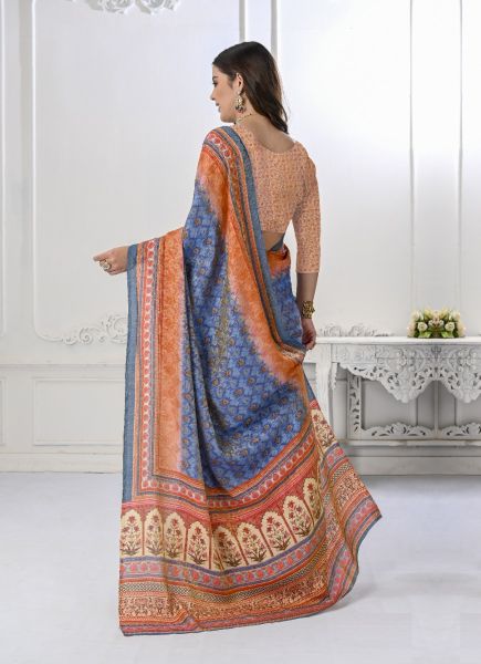 Royal Blue Silk Viscose Printed Festive-Wear Handloom Saree