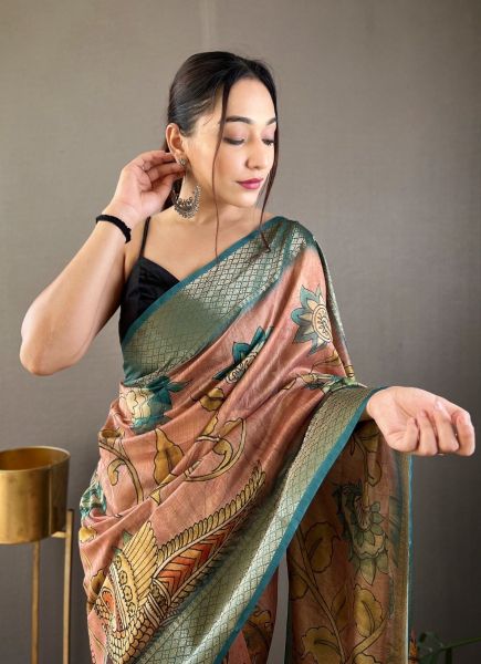 Light Coral Tussar Silk Digitally Printed Saree For Traditional / Religious Occasions