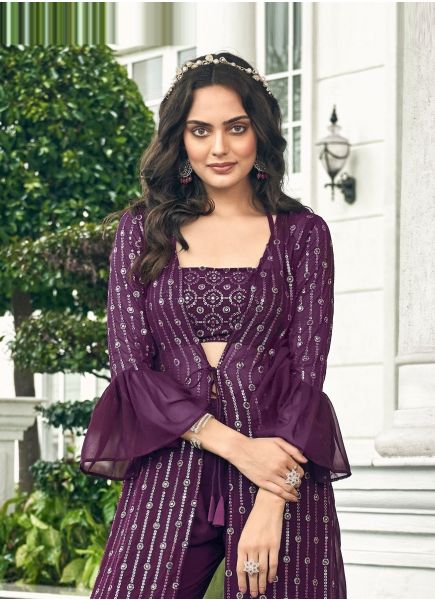 Dark Violet Georgette Embroidered Party-Wear Choli & Palazzo Set With Shrug