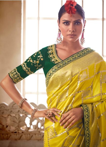 Yellow Pure Banarasi HandWork Wedding Wear Embroidery Saree