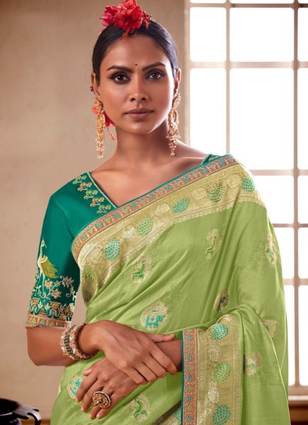 Light Green Pure Banarasi HandWork Wedding Wear Embroidery Saree