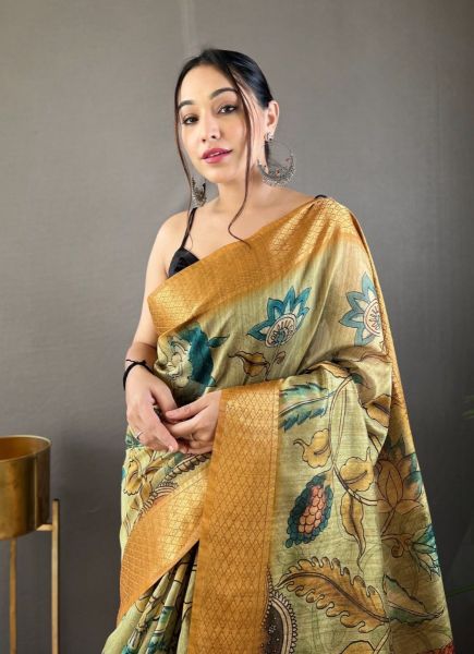 Light Sage Green Tussar Silk Digitally Printed Saree For Traditional / Religious Occasions