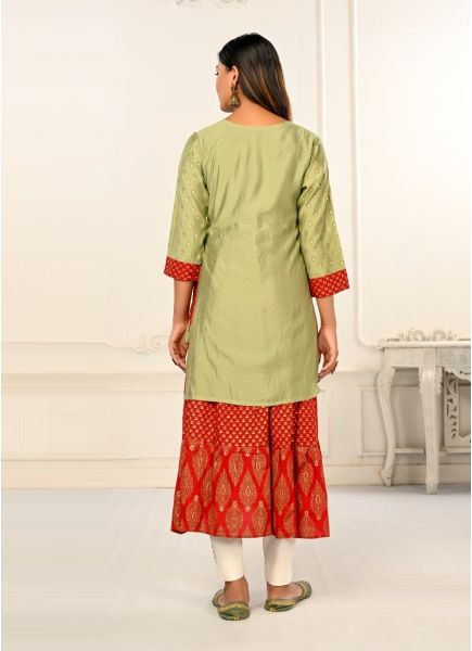 Light Green & Red Cotton Foil-Printed Festive-Wear Readymade Kurti