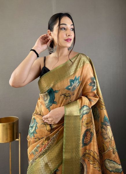 Cantaloupe Orange Tussar Silk Digitally Printed Saree For Traditional / Religious Occasions
