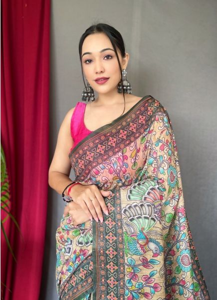 Multicolor Cotton Digitally Printed Festive-Wear Kalamkari Saree