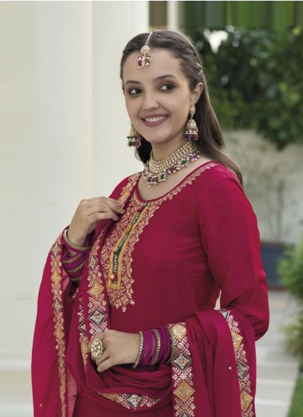 Crimson Red Blooming Chinon Party-Wear Embroidered Palazzo-Bottom Salwar Kameez
