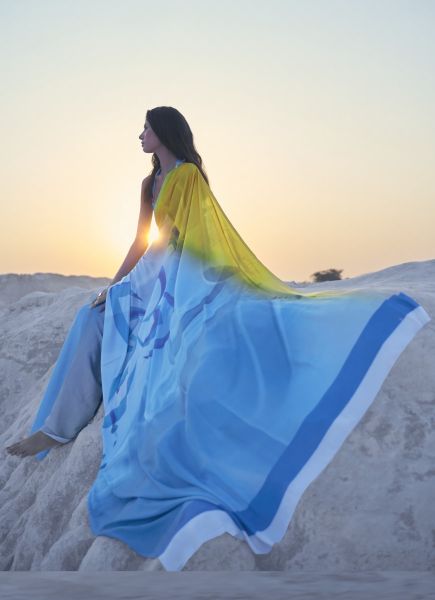 Light Blue & Yellow Satin Crape Digitally Printed Festive-Wear Vibrant Saree