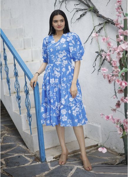 Sky Blue Pure Muslin Printed Resort-Wear Readymade Maxi Dress