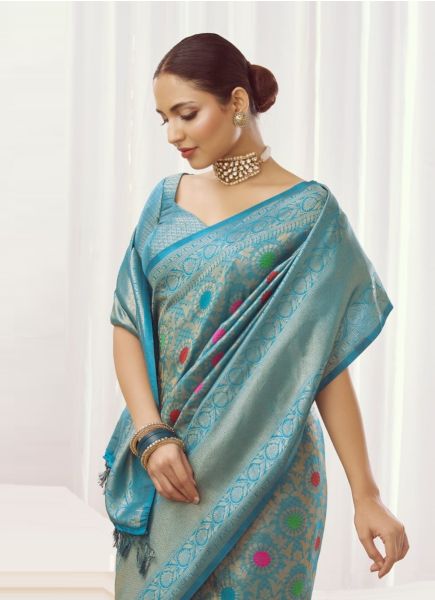 Sky Blue Weaving Festive-Wear Kanjivaram Silk Saree