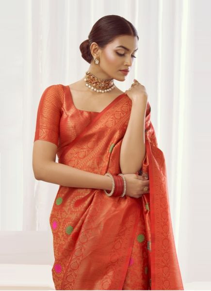 Dark Orange Weaving Festive-Wear Kanjivaram Silk Saree