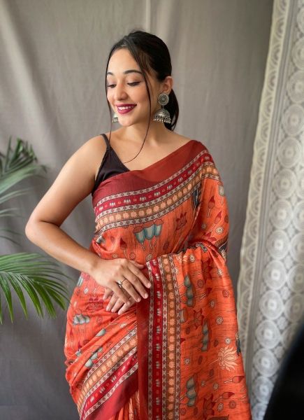 Orange Red Cotton Kalamkari Digital Printed Festive-Wear Saree