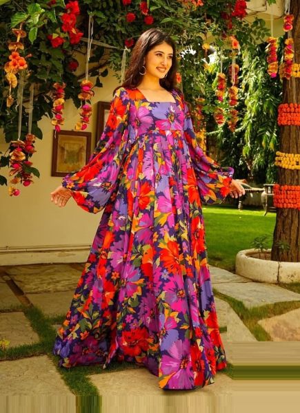 Multicolor Georgette Digitally Printed Resort-Wear Floor-Length Readymade Gown