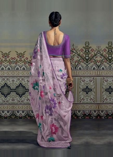 Lilac Brasso Digitally Printed Party-Wear Saree