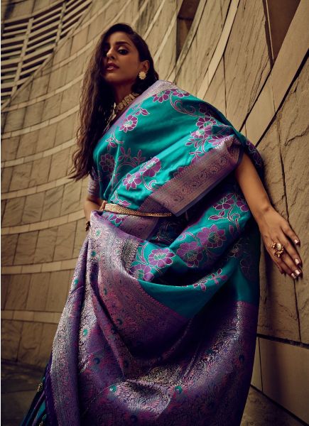 Teal Blue Woven Satin Brasso Saree For Traditional / Religious Occasions