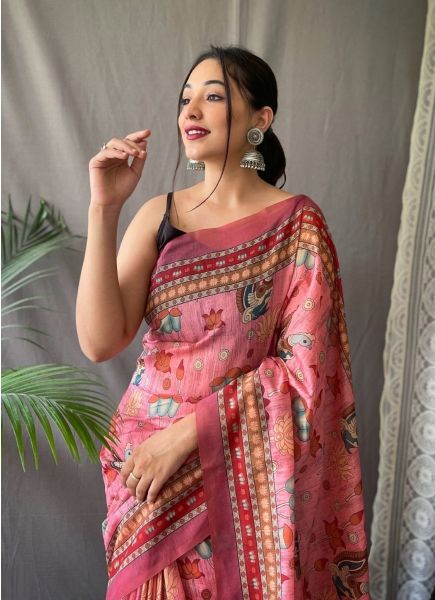 Pink Cotton Kalamkari Digital Printed Festive-Wear Saree