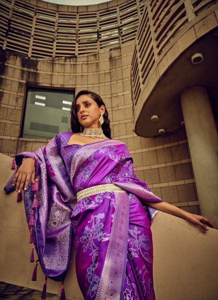 Purple Woven Satin Brasso Saree For Traditional / Religious Occasions
