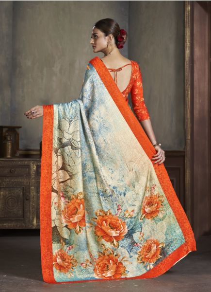 Sky Blue & Orange Silk Viscose Printed Vibrant Saree For Traditional / Religious Occasions
