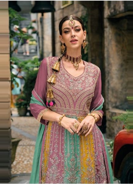 Pink Chinon Embroidered Party-Wear Readymade Palazzo-Bottom Salwar Kameez