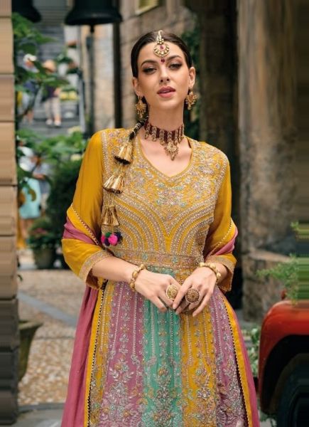 Mustard Yellow Chinon Embroidered Party-Wear Readymade Palazzo-Bottom Salwar Kameez