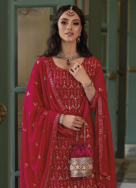 Red Blooming Georgette Embroidered Party-Wear Palazzo-Bottom Readymade Salwar Kameez
