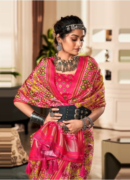 Pink & Yellow Tusser Patola Printed Silk Saree [With Lagdi Patta]