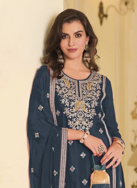 Dark Sea Blue Premium Silk Embroidered Straight-Cut Salwar Kameez For Traditional / Religious Occasions