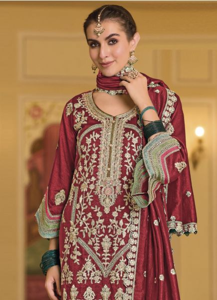 Red Silk Embroidered Party-Wear Pakistani Readymade Salwar Kameez