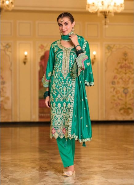 Jade Green Silk Embroidered Pant-Bottom Readymade Salwar kameez For Traditional / Religious Occasions