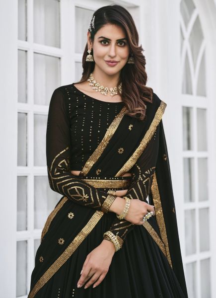 Black Georgette With Embroidery, Thread & Sequins-Work Party-Wear Lehenga Choli [With Belt]