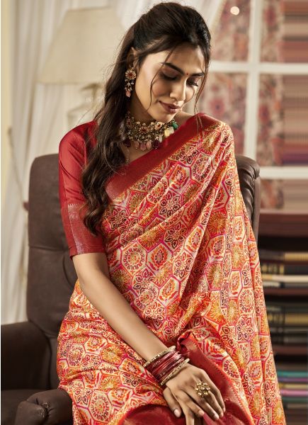 Red Satin Digitally Printed Vibrant Saree For Traditional / Religious Occassions