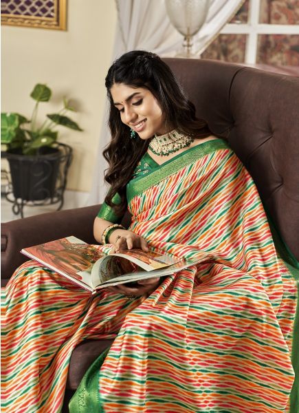 Red & Green Satin Digitally Printed Vibrant Saree For Traditional / Religious Occassions