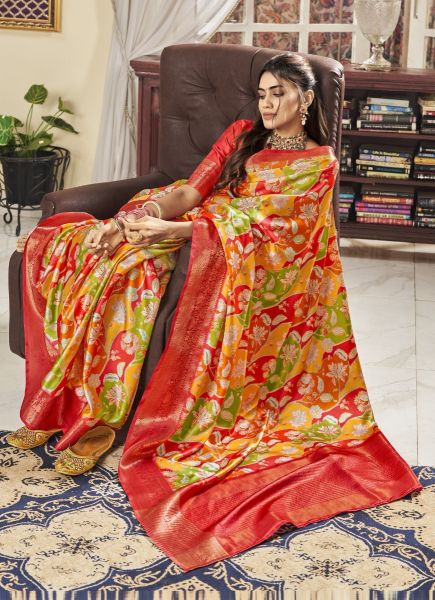Red & Green Satin Digitally Printed Vibrant Saree For Traditional / Religious Occassions