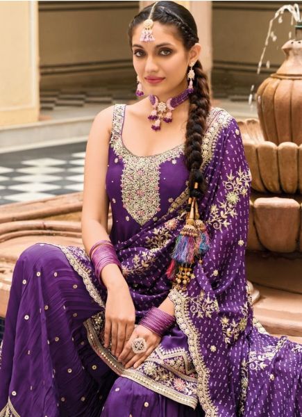 Dark Violet Chinon Embroidered Party-Wear Gharara-Bottom Sleeveless Salwar Kameez
