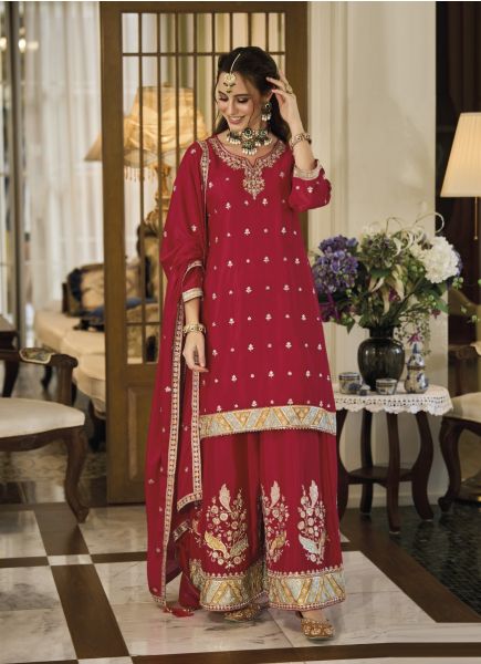 Crimson Red Chinon Embroidered Ramadan Special Palazzo-Bottom Readymade Salwar Kameez