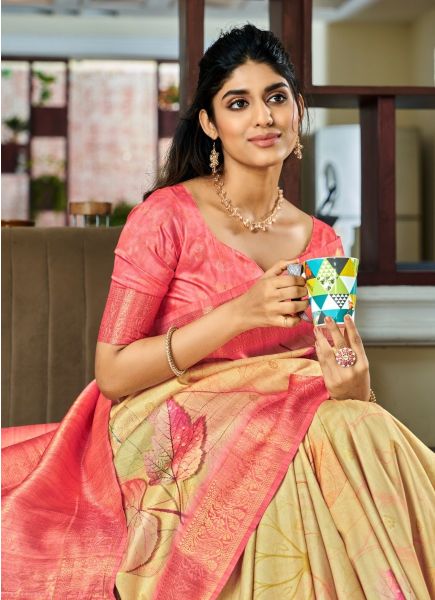 Cream Pure Handloom Kotha Silk Floral Digital Print Festive-Wear Saree