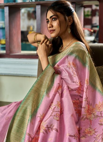 Pink Pure Handloom Kotha Silk Floral Digital Print Festive-Wear Saree