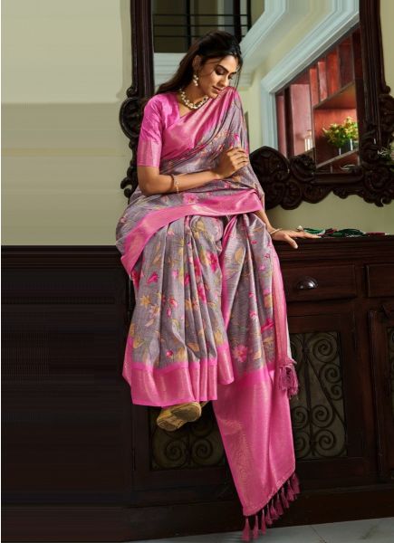Gray Pure Handloom Kotha Silk Floral Digital Print Festive-Wear Saree