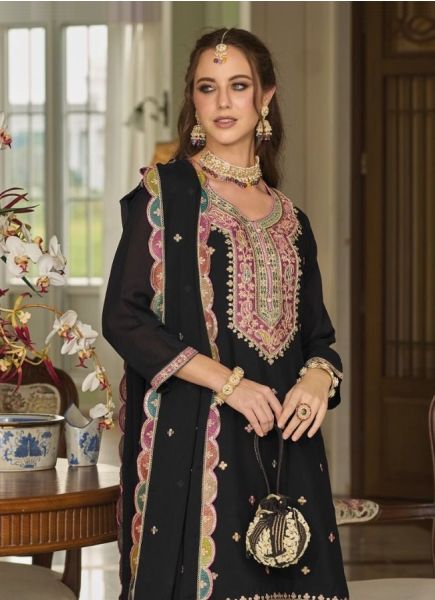Black Chinon Embroidered Sharara-Bottom Readymade Salwar Kameez For Traditional / Religious Occasions