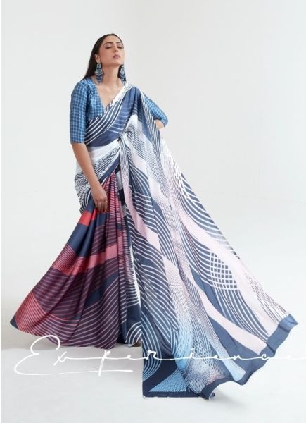 Blue & White Satin Silk Digitally Printed Vibrant Saree